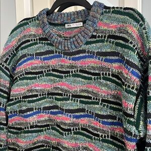 Zara Multicolor Chunky Knit Crewneck Sweater L